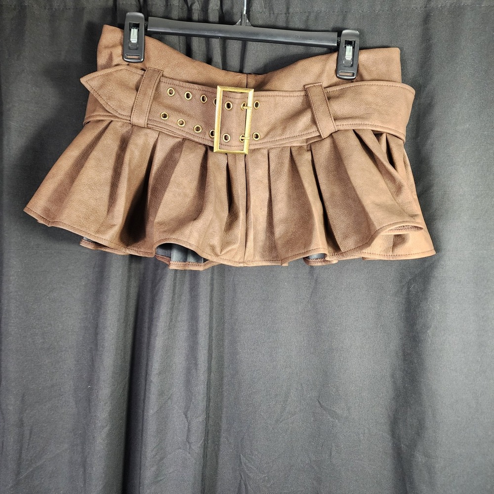 Brown Faux Leather Pleated Belted Mini Skort Women's Size M 6 BOHO‎